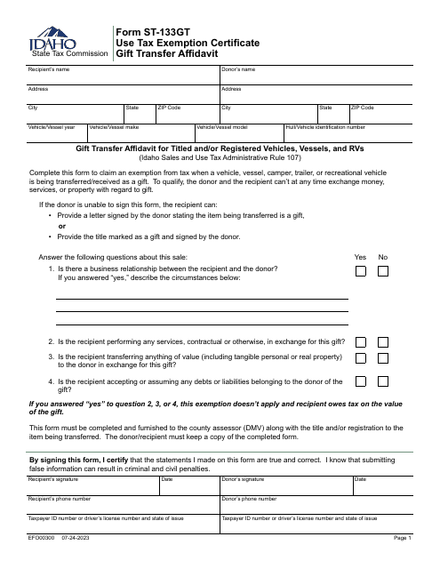 Form ST-133GT (EFO00300) Use Tax Exemption Certificate Gift Transfer Affidavit - Idaho