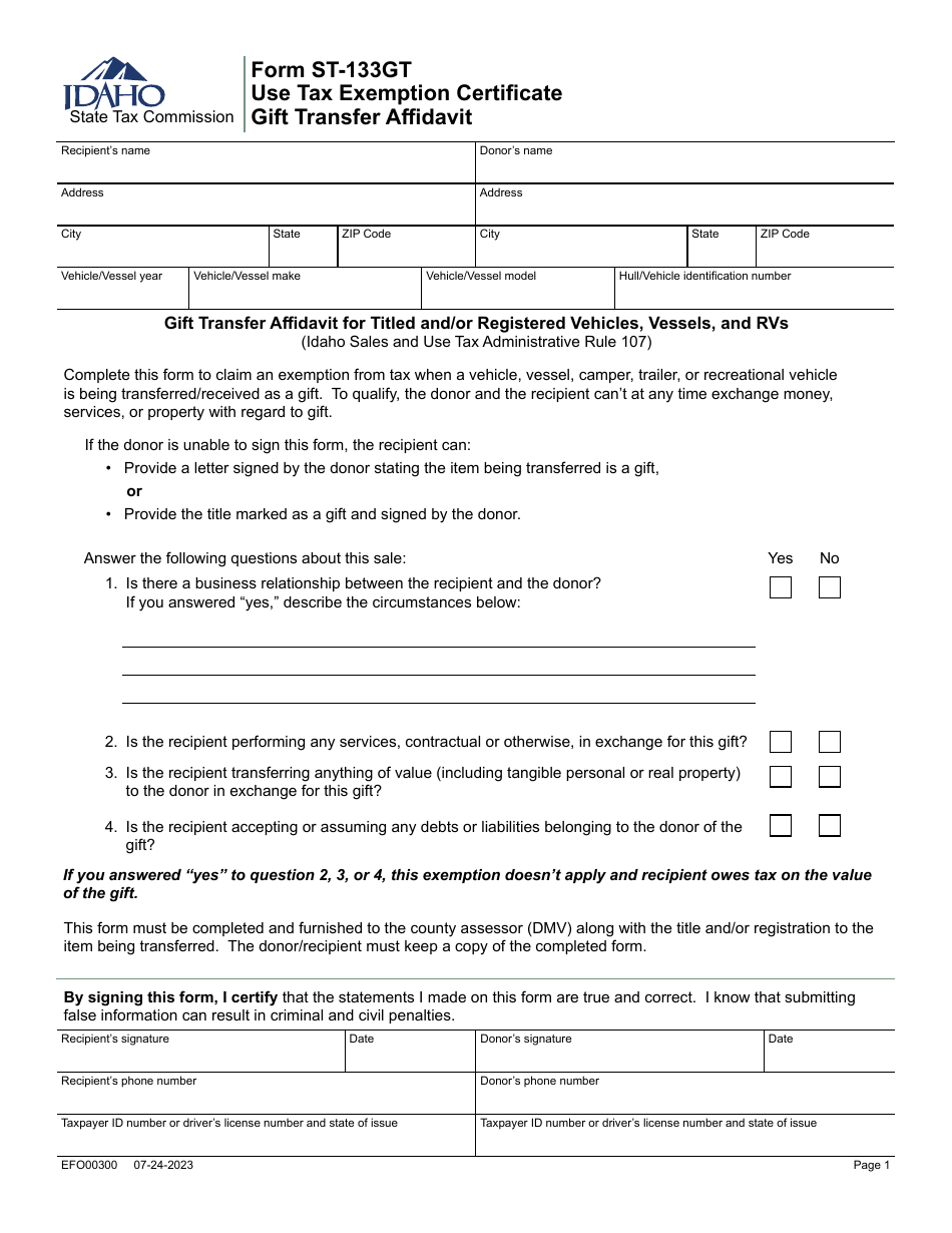 Form ST-133GT (EFO00300) Use Tax Exemption Certificate Gift Transfer Affidavit - Idaho, Page 1