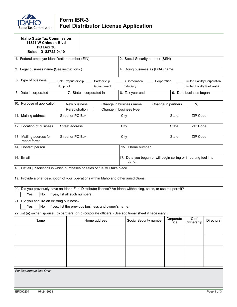 Form IBR-3 (EFO00204) Fuel Distributor License Application - Idaho, Page 1