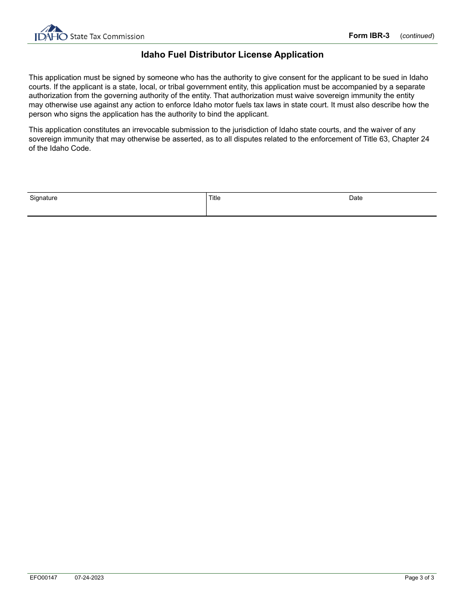 Form IBR-3 (EFO00204) Fuel Distributor License Application - Idaho, Page 3