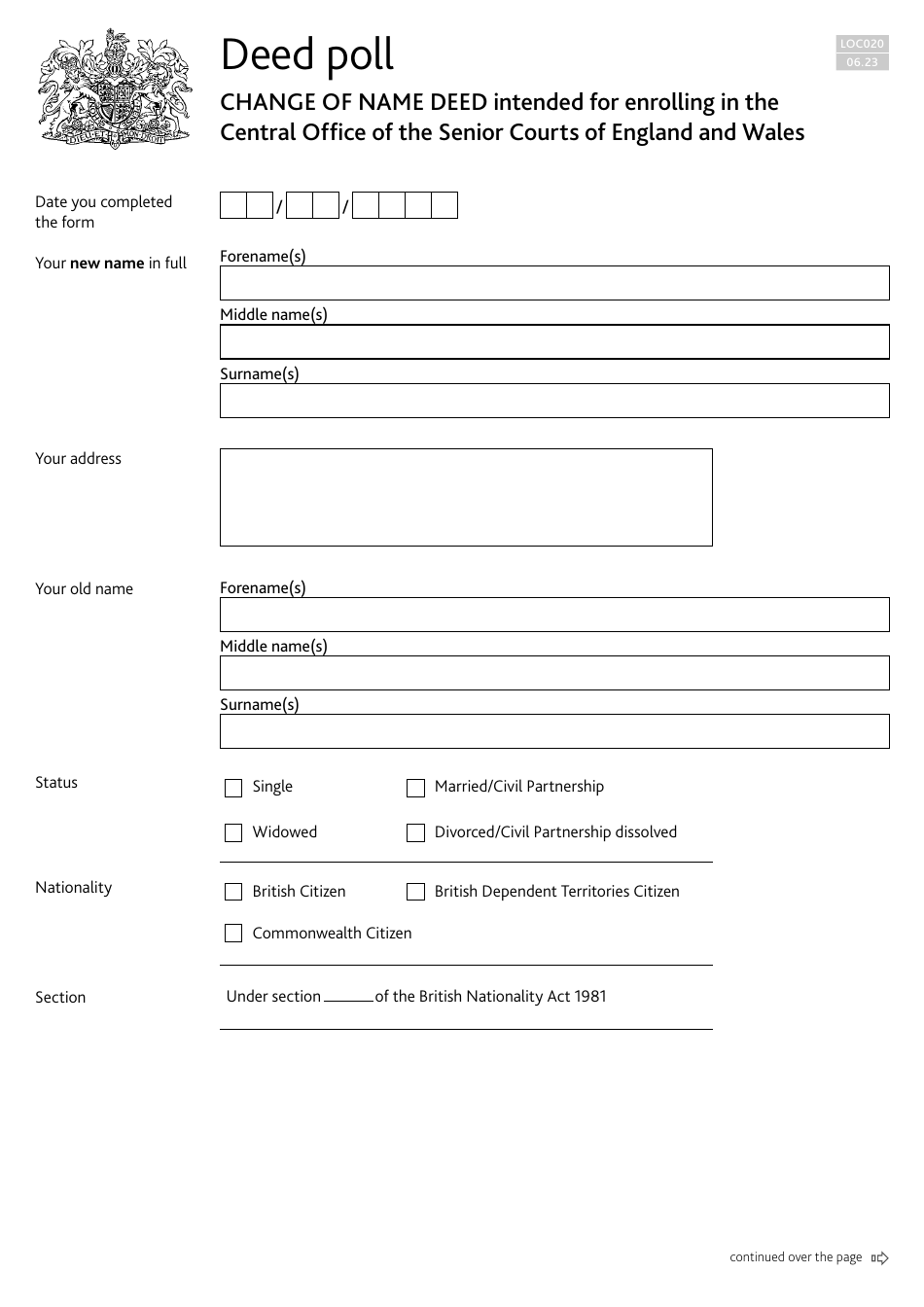 Form LOC020 Change of Name Deed - United Kingdom, Page 1