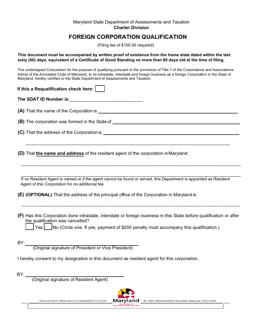 Foreign Corporation Qualification - Maryland Download Pdf