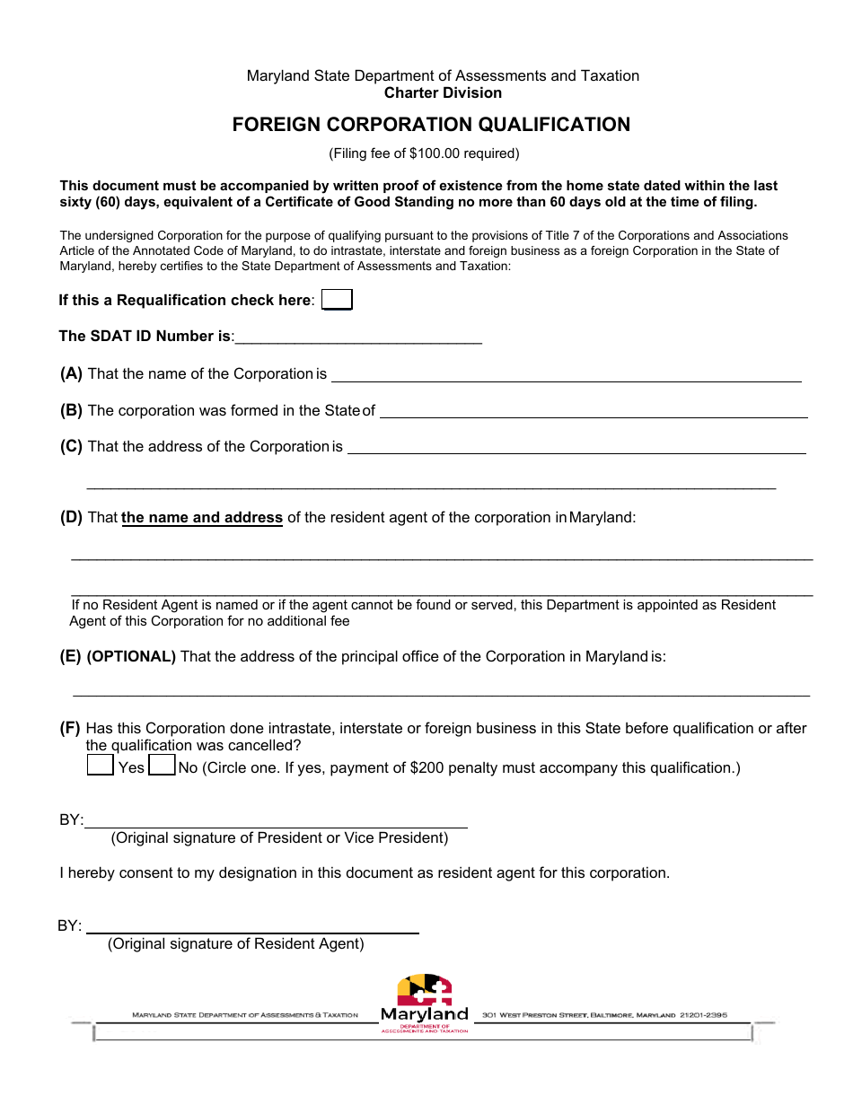 Foreign Corporation Qualification - Maryland, Page 1