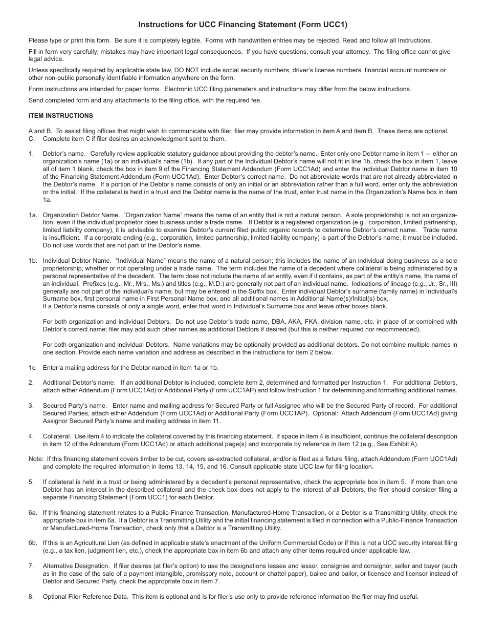 Form UCC1 Financing Statement, Page 1
