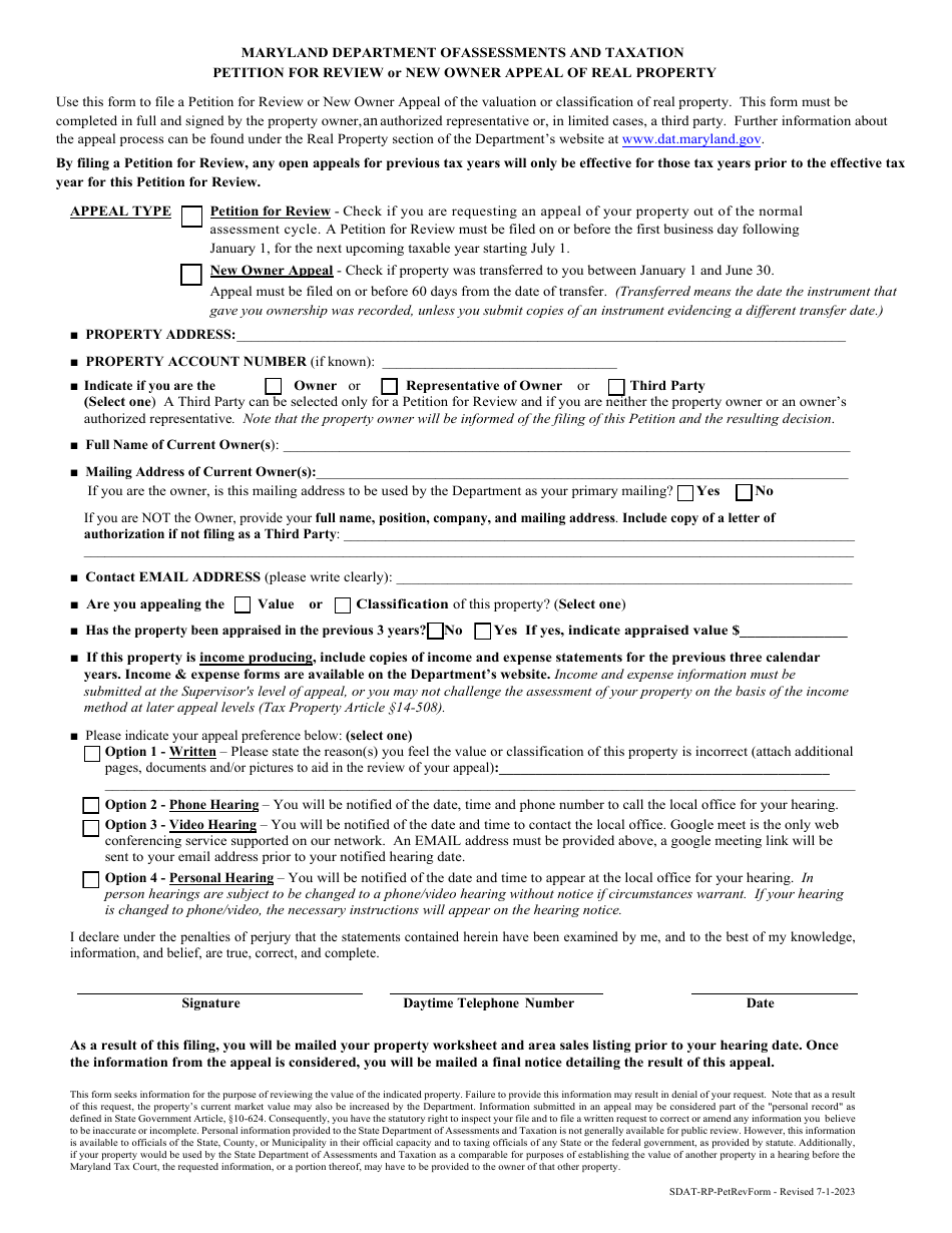Petition for Review or New Owner Appeal of Real Property - Maryland, Page 1