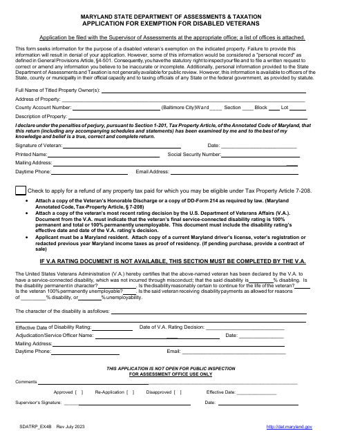 Application for Exemption for Disabled Veterans - Maryland Download Pdf