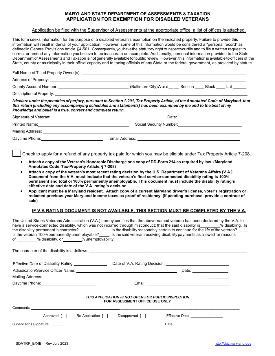 Maryland Application For Exemption For Disabled Veterans Fill Out Sign Online And Download 1851