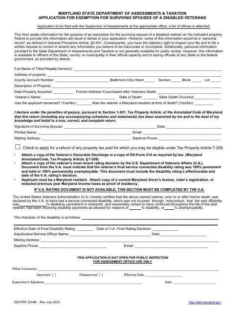 Application for Exemption for Surviving Spouses of a Disabled Veterans - Maryland Download Pdf