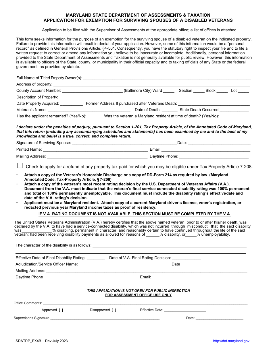 Application for Exemption for Surviving Spouses of a Disabled Veterans - Maryland, Page 1