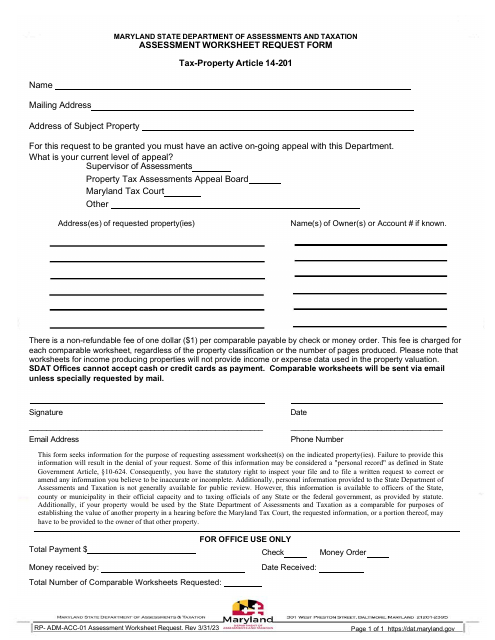 Form RP-ADM-ACC-01 Assessment Worksheet Request Form - Maryland