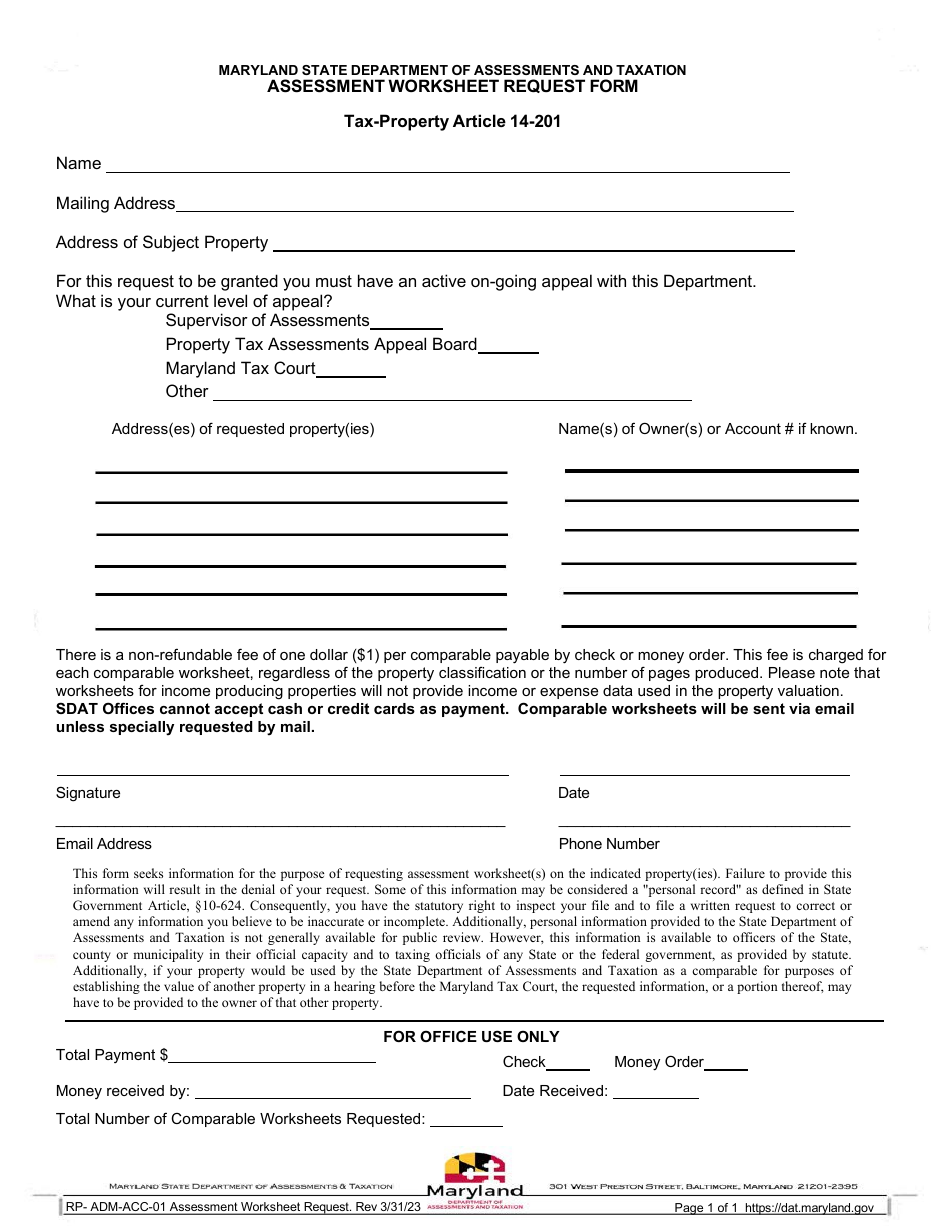 Form RP-ADM-ACC-01 Assessment Worksheet Request Form - Maryland, Page 1