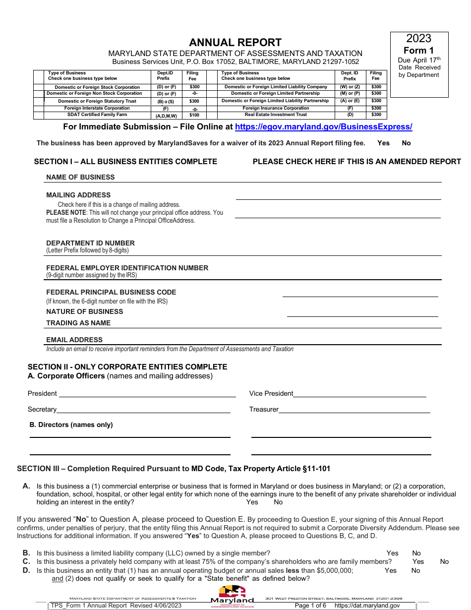 Form 1 Download Fillable PDF or Fill Online Annual Report 2023