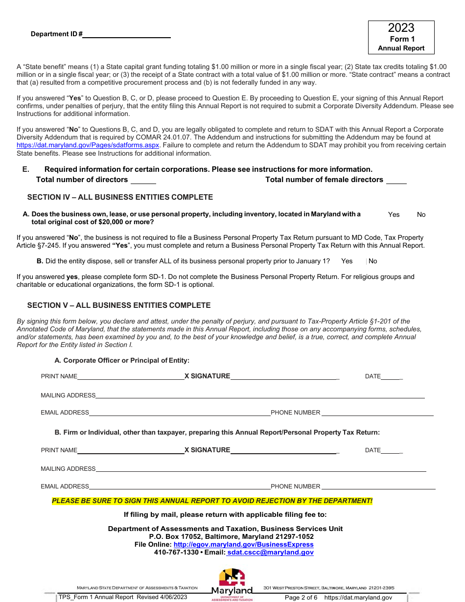 Form 1 Annual Report - Maryland, Page 2