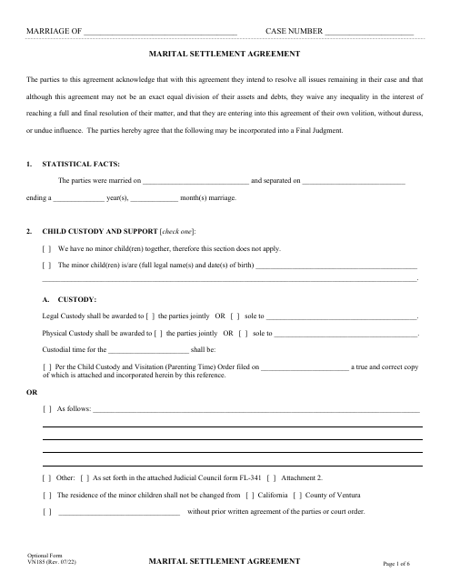 Form VN185 Marital Settlement Agreement - County of Ventura, California