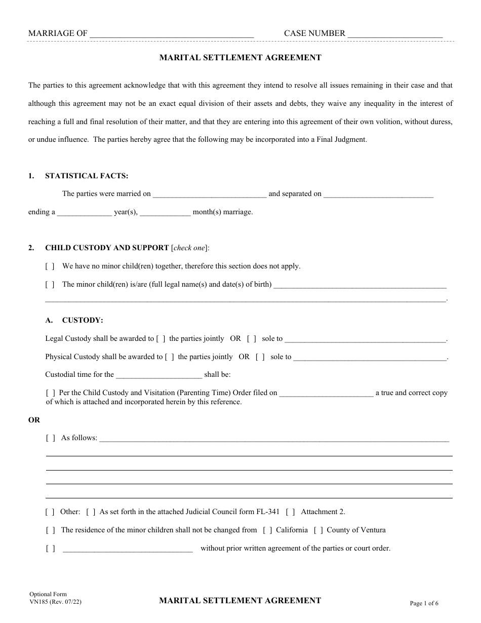 Form VN185 Marital Settlement Agreement - County of Ventura, California, Page 1