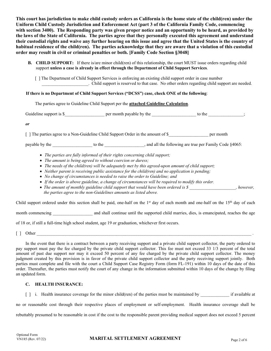 Form VN185 Marital Settlement Agreement - County of Ventura, California, Page 2
