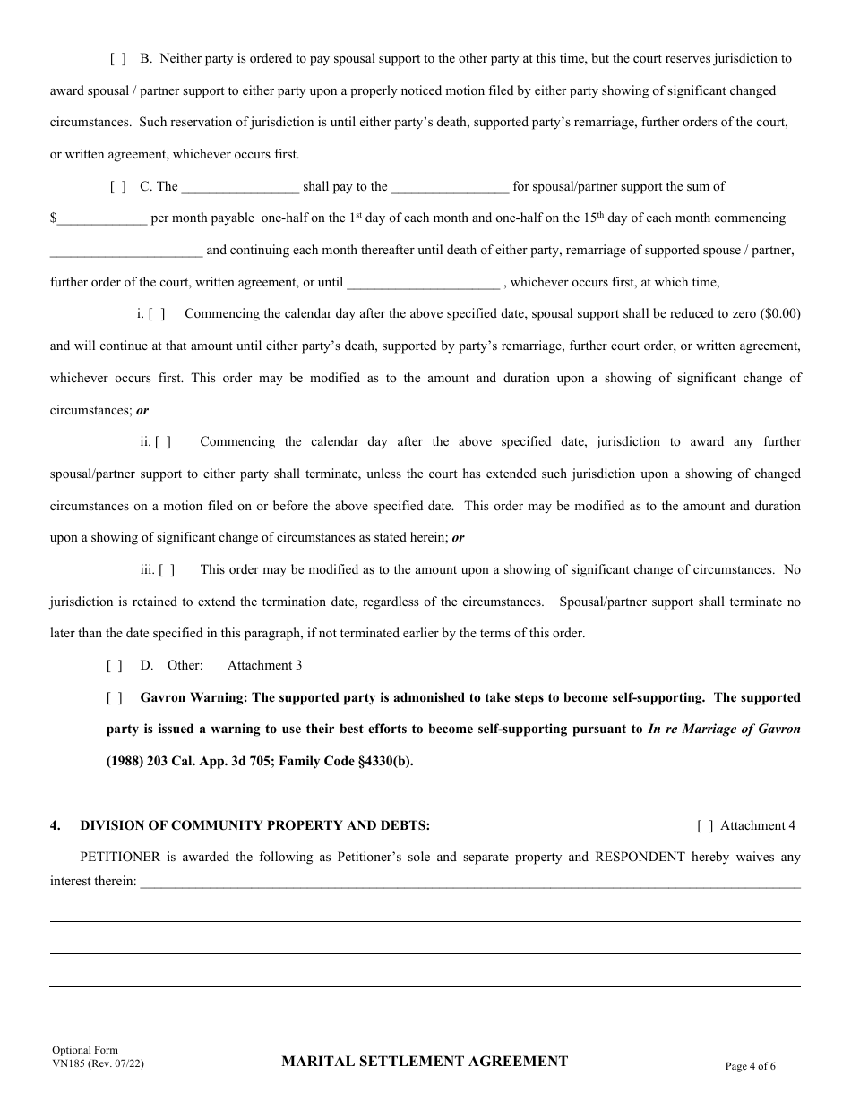 Form VN185 Marital Settlement Agreement - County of Ventura, California, Page 4