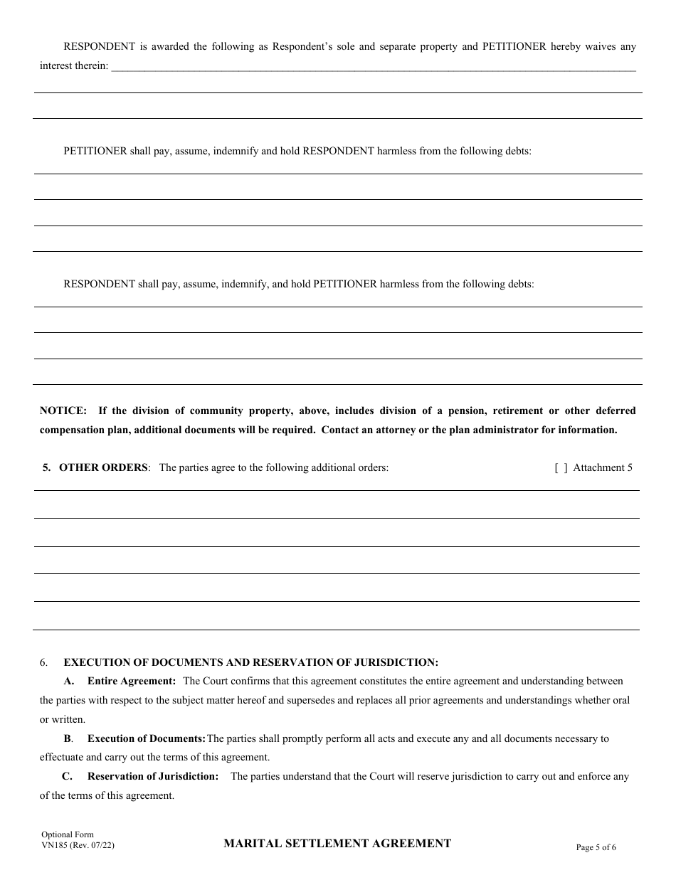 Form VN185 Marital Settlement Agreement - County of Ventura, California, Page 5