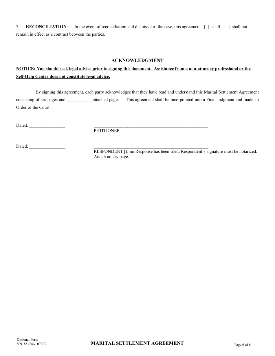 Form VN185 Marital Settlement Agreement - County of Ventura, California, Page 6