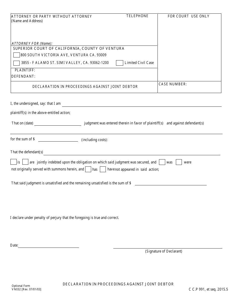 Form VN032 Declaration in Proceedings Against Joint Debtor - County of Ventura, California, Page 1