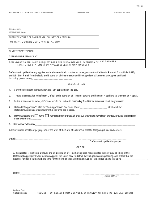 Form VN180 Defendant's/Appellant's Request for Relief From Default, Extension of Time to File Statement on Appeal; Declaration and Order - County of Ventura, California