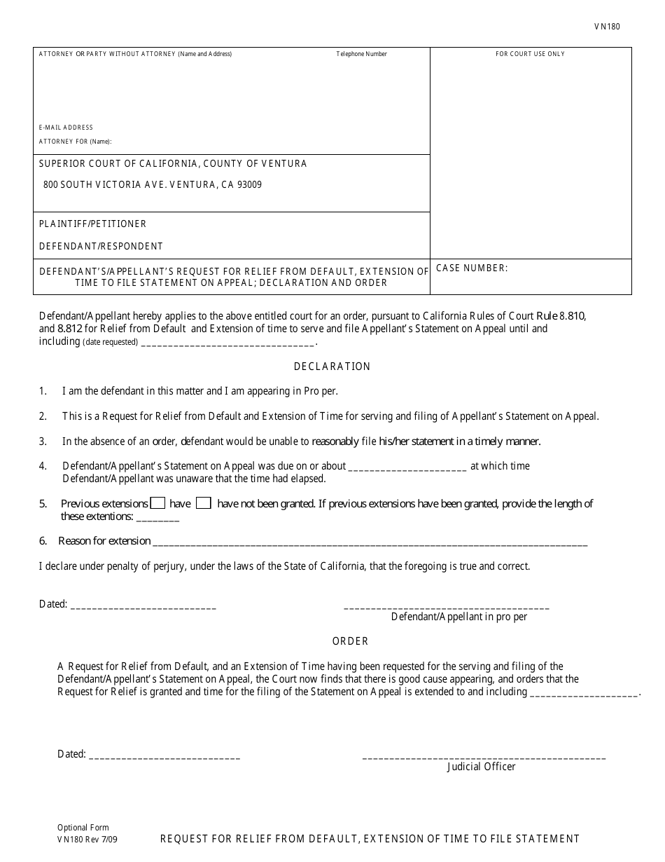 Form VN180 Defendants / Appellants Request for Relief From Default, Extension of Time to File Statement on Appeal; Declaration and Order - County of Ventura, California, Page 1