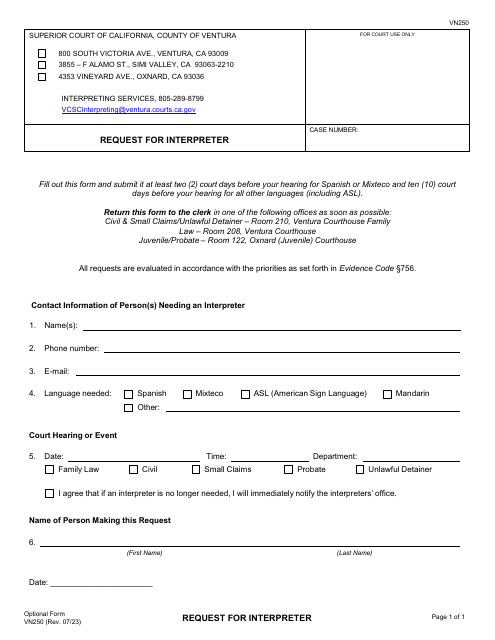Form VN250 Request for Interpreter - County of Ventura, California