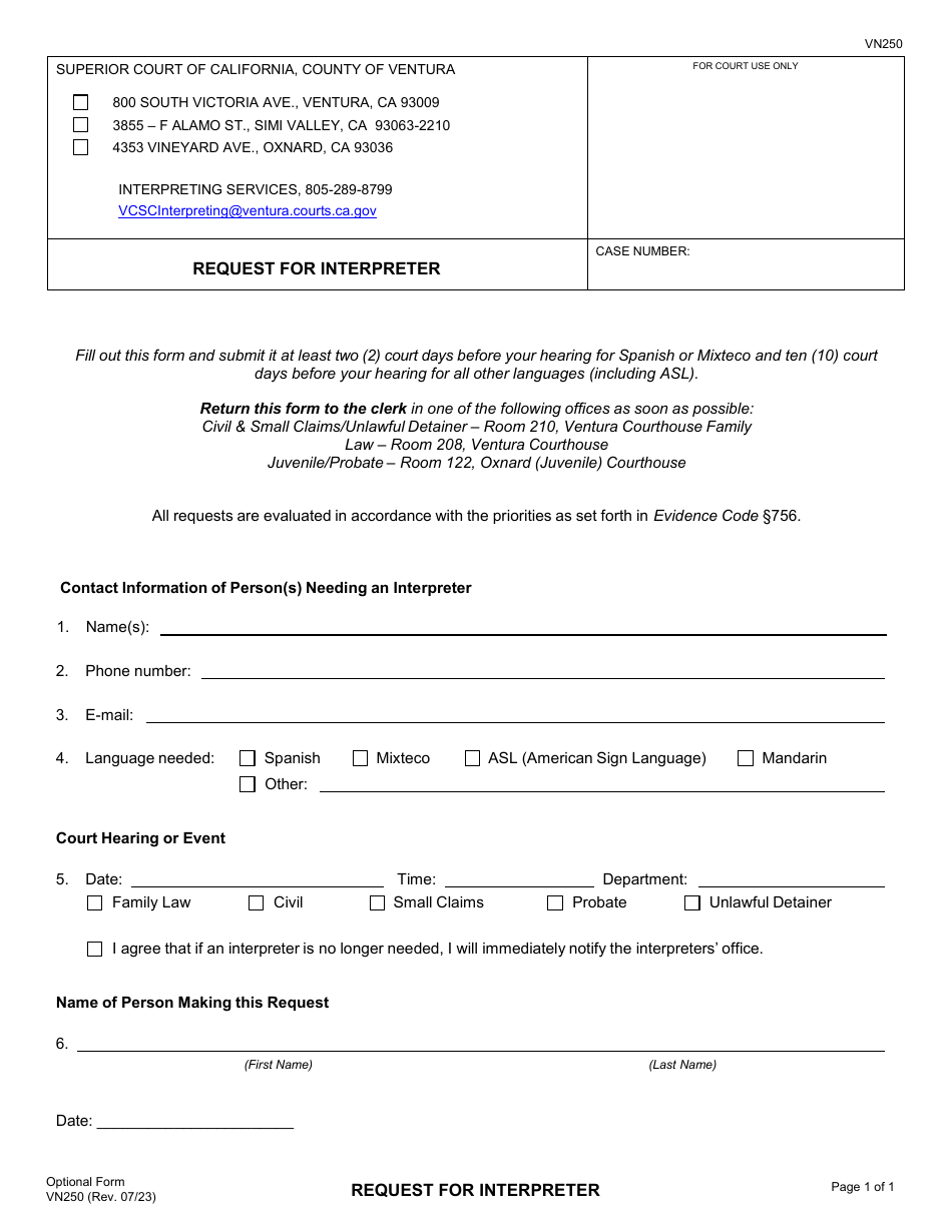 Form VN250 Request for Interpreter - County of Ventura, California, Page 1