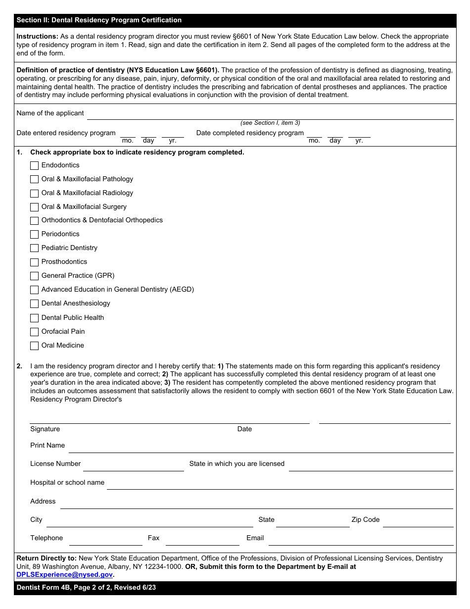 Dentist Form 4B Certification of Completion of Clinical Residency Program - New York, Page 2