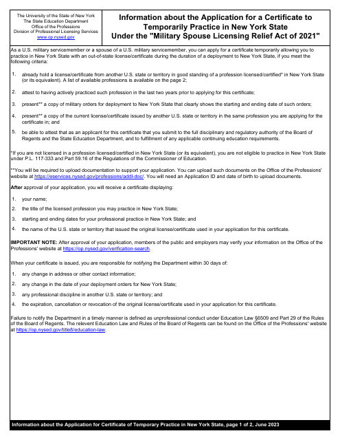 Application for Certificate to Temporarily Practice in New York State Under the "military Spouse Licensing Relief Act of 2021" - New York Download Pdf