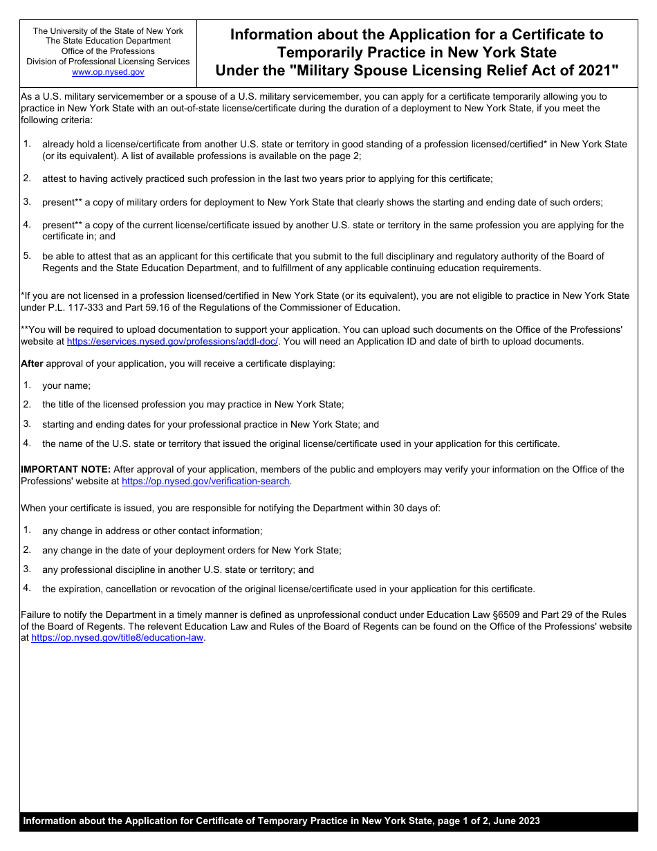 New York Application for Certificate to Temporarily Practice in New York State Under the