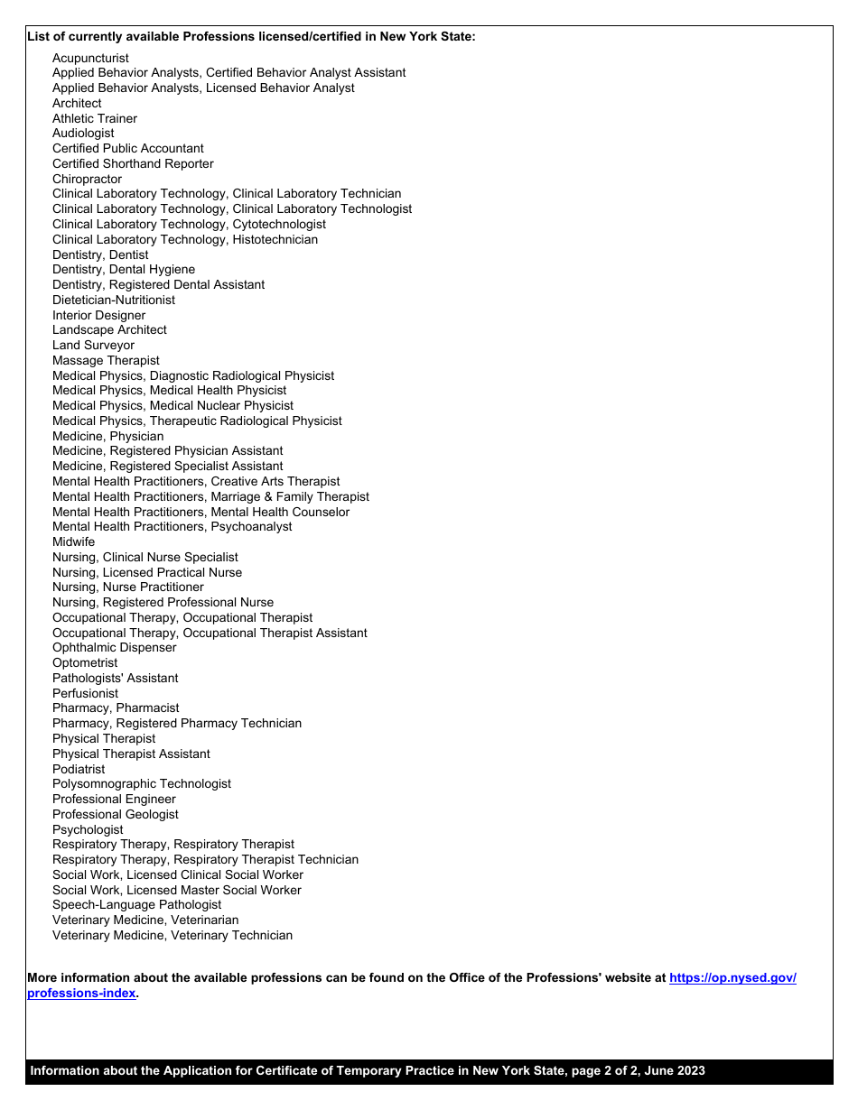 Application for Certificate to Temporarily Practice in New York State Under the military Spouse Licensing Relief Act of 2021 - New York, Page 2