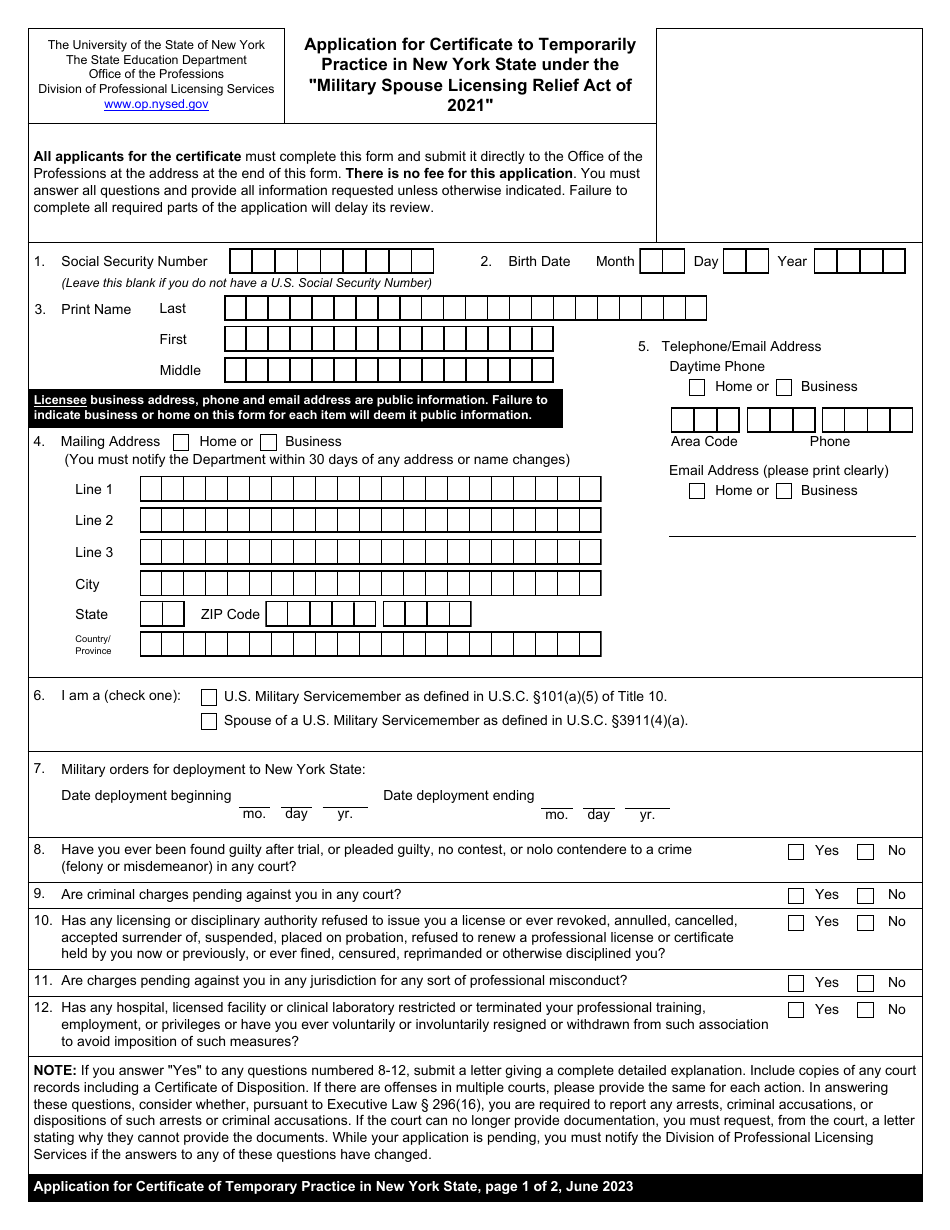 Application for Certificate to Temporarily Practice in New York State Under the military Spouse Licensing Relief Act of 2021 - New York, Page 3