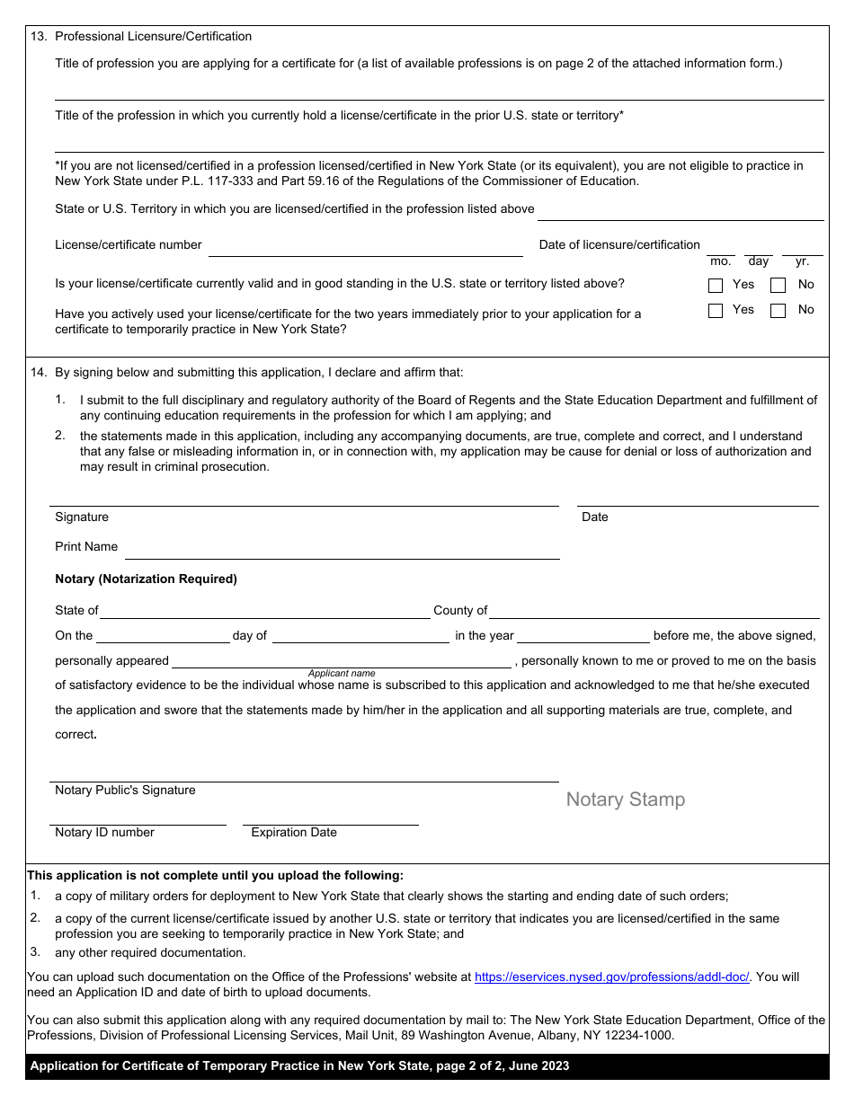 Application for Certificate to Temporarily Practice in New York State Under the military Spouse Licensing Relief Act of 2021 - New York, Page 4