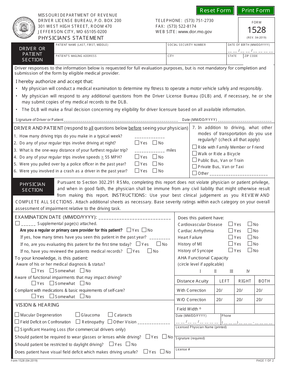 Form 1528 Physicians Statement - Missouri, Page 1