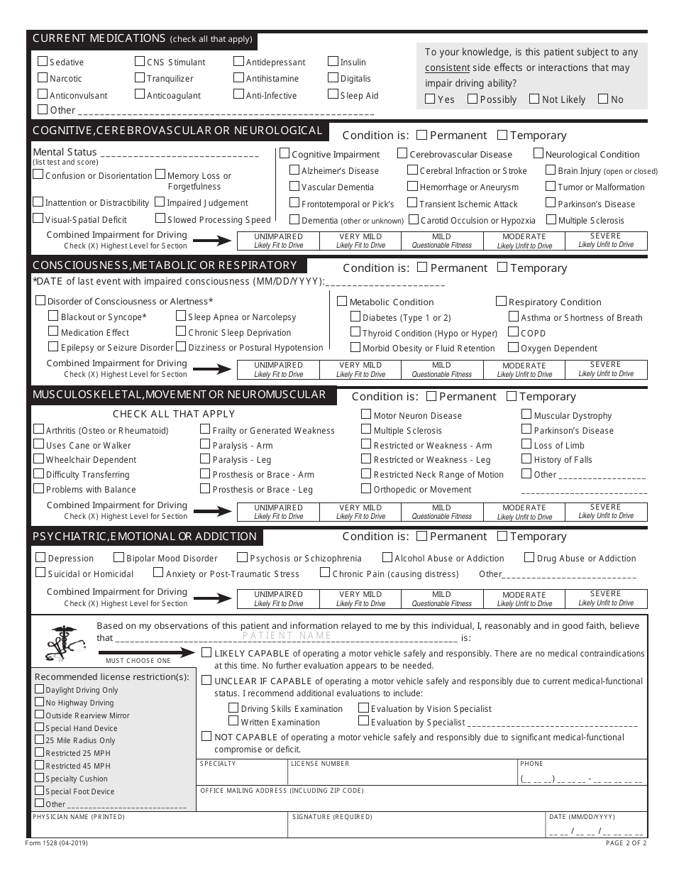Form 1528 Physicians Statement - Missouri, Page 2