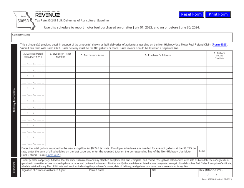 Form 5085D Tax Rate $0.245 Bulk Deliveries of Agricultural Gasoline - Missouri