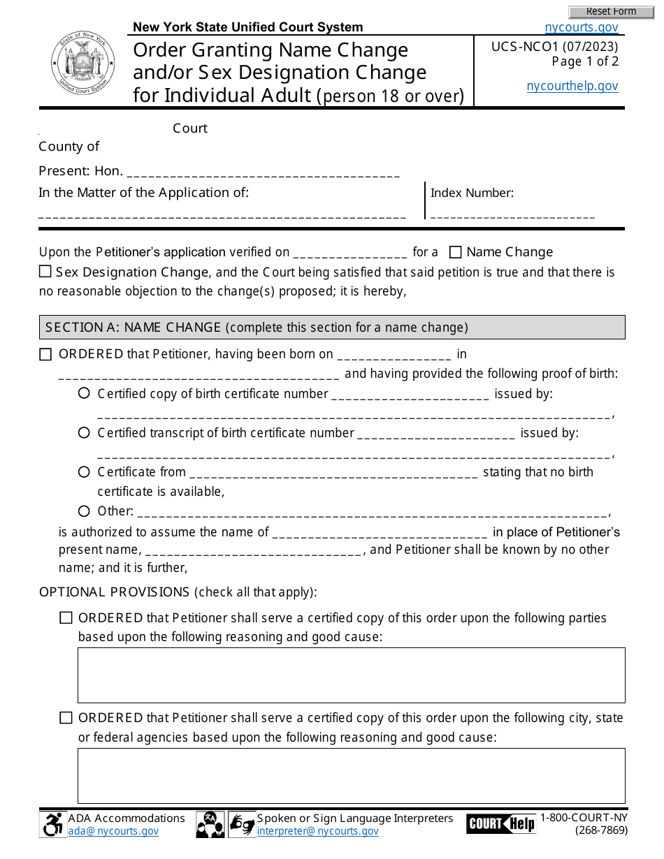 Form UCS-NCO1 Order Granting Name Change and / or Sex Designation Change for Individual Adult (Person 18 or Over) - New York, Page 1