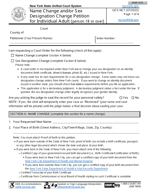 Form UCS-NC1 Name Change and/or Sex Designation Change Petition for Individual Adult (Person 18 or Over) - New York