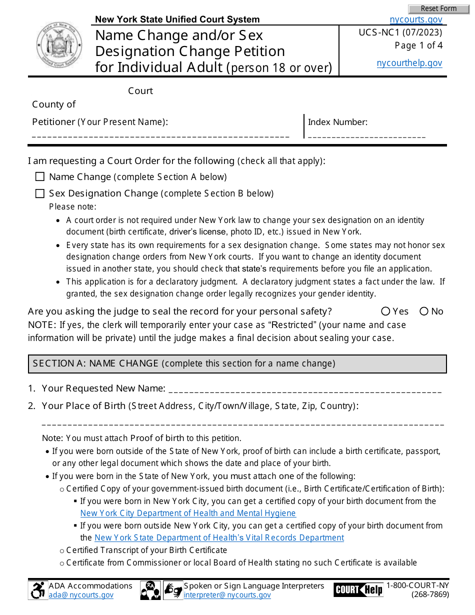 Form UCS-NC1 Name Change and / or Sex Designation Change Petition for Individual Adult (Person 18 or Over) - New York, Page 1