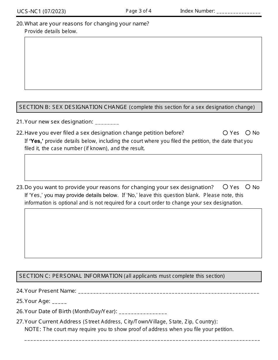 Form UCS-NC1 Name Change and / or Sex Designation Change Petition for Individual Adult (Person 18 or Over) - New York, Page 3