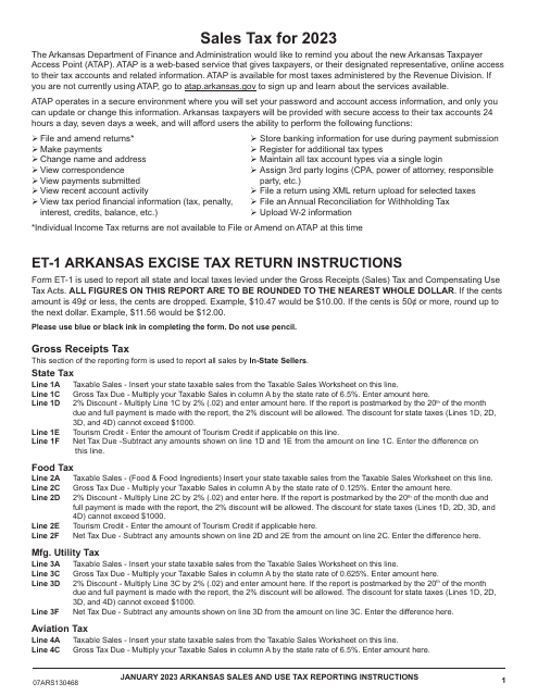 Instructions for Form ET-1 Arkansas Excise Tax Return - Arkansas, 2023