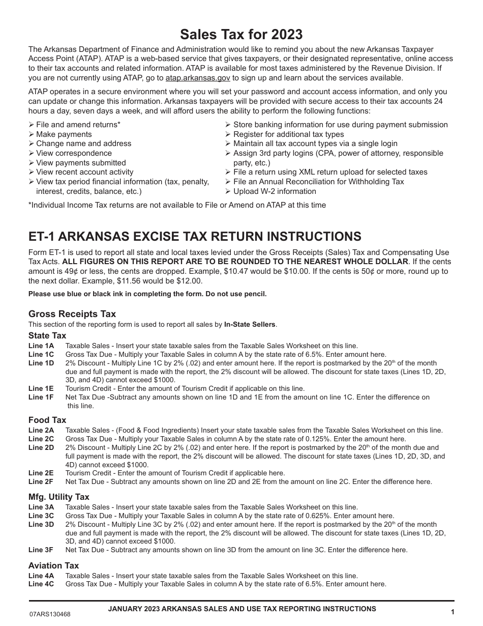 Download Instructions For Form Et 1 Arkansas Excise Tax Return Pdf 2023 Templateroller 0159
