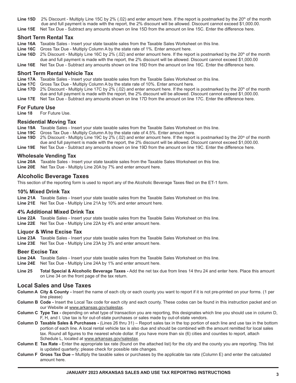 Instructions for Form ET-1 Arkansas Excise Tax Return - Arkansas, Page 3