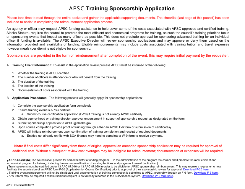 Apsc Training Sponsorship Request - Alaska