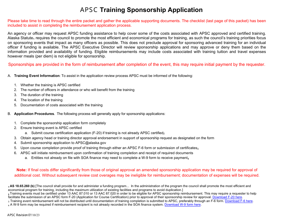 Apsc Training Sponsorship Request - Alaska, Page 1