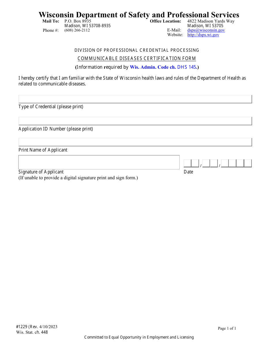 Form 1229 Communicable Diseases Certification Form - Wisconsin, Page 1