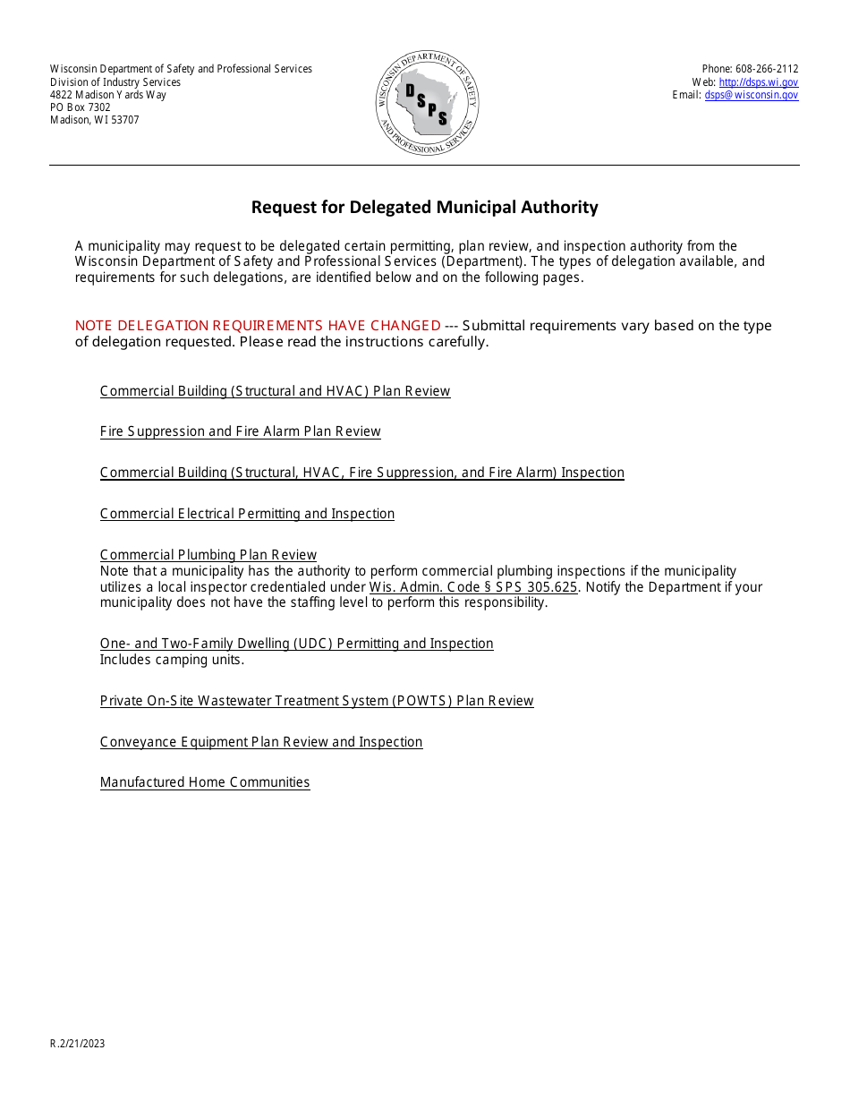 Request for Delegated Municipal Authority - Wisconsin, Page 1