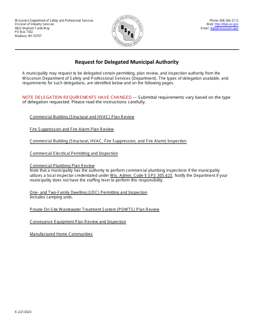 Request for Delegated Municipal Authority - Wisconsin Download Pdf