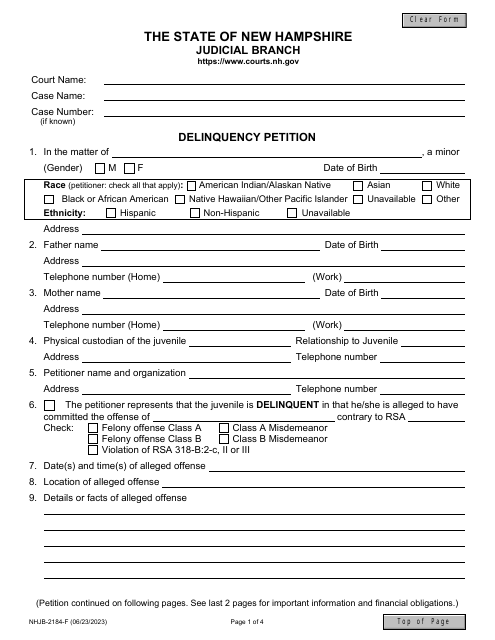 Form NHJB-2184-F Delinquency Petition - New Hampshire